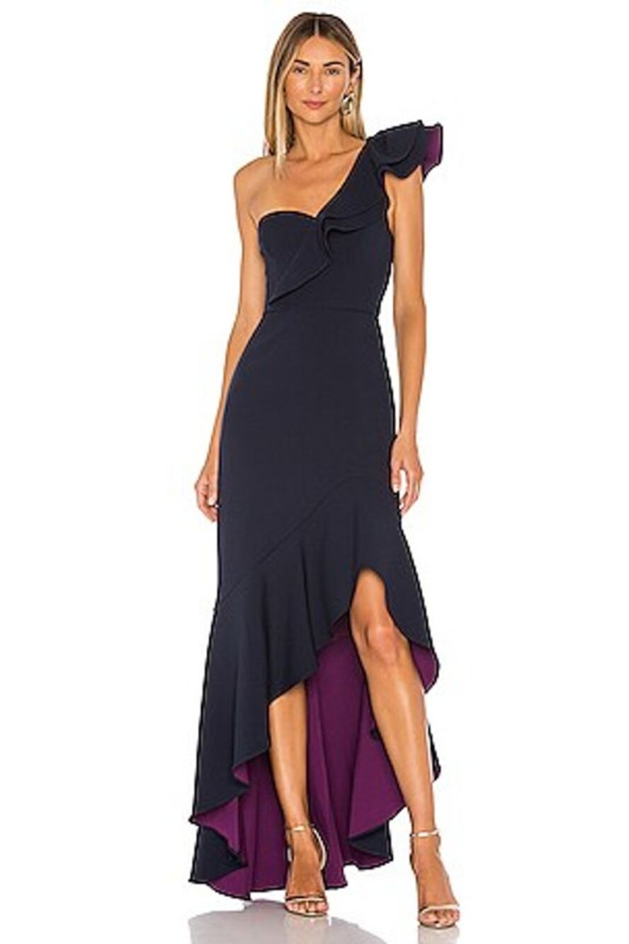 BCBGMAXAZRIA Dress One Shoulder High Low Ruffled Gown Navy 8 Formal Wedding Prom
